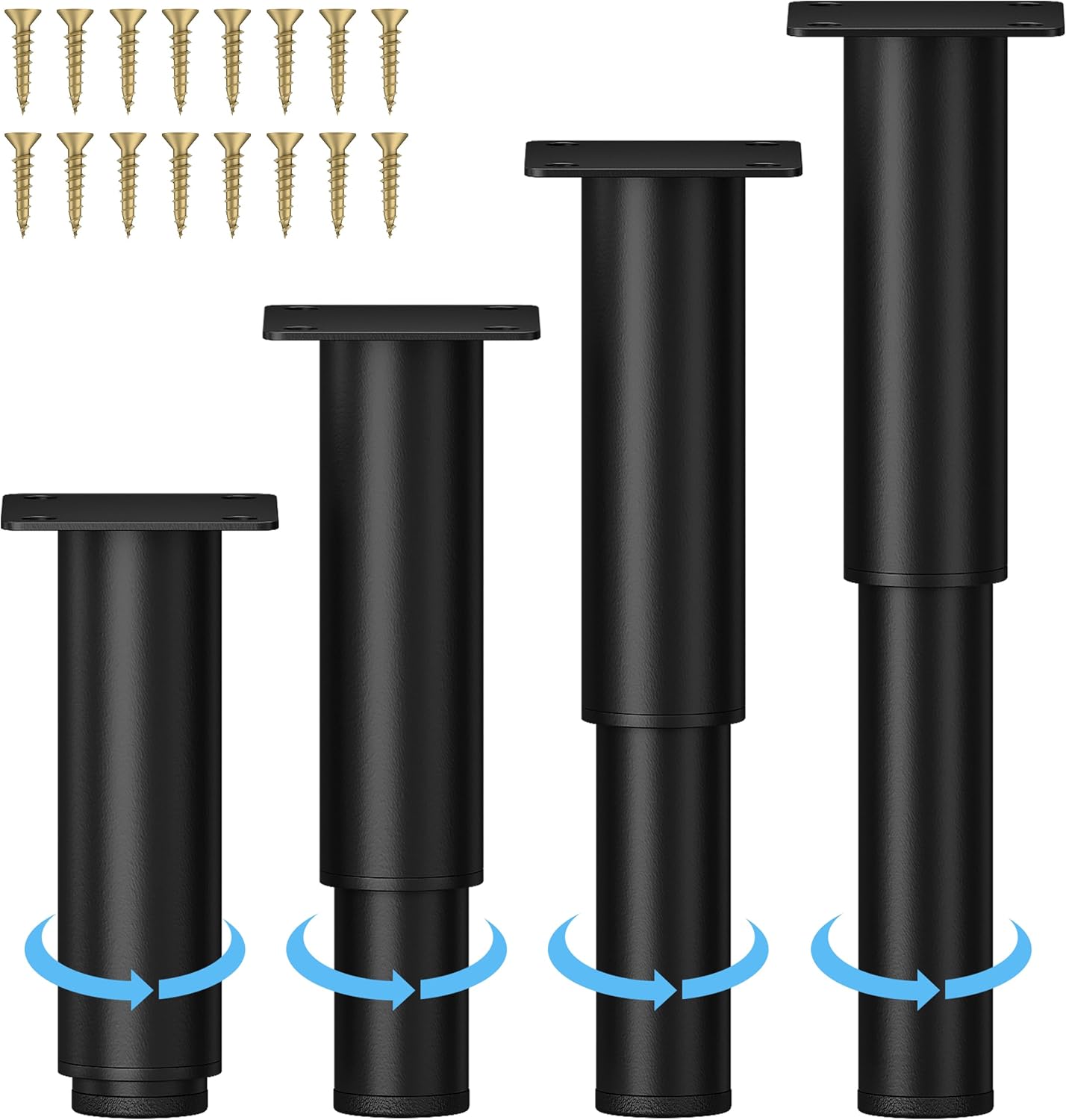 4-Piece Adjustable Height Bed Frame/Slat Center Support Legs, Black Metal Cylindrical Furniture Legs, Heavy Duty, Multi-Purpose for Beds, Cabinets, Sofas, Tables & More