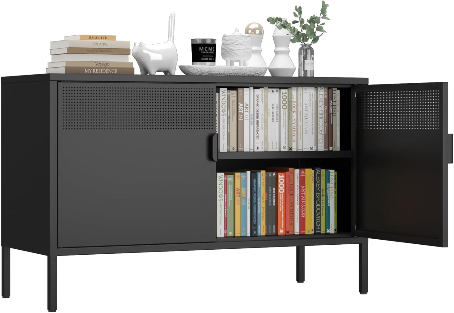 Metal Storage Cabinet,2 Door TV Stand, Metal Mesh Accent Cabinet,Magnetic Door Closure,Low Storage Cabinets with Doors and Shelf for Home,Office,Living Room