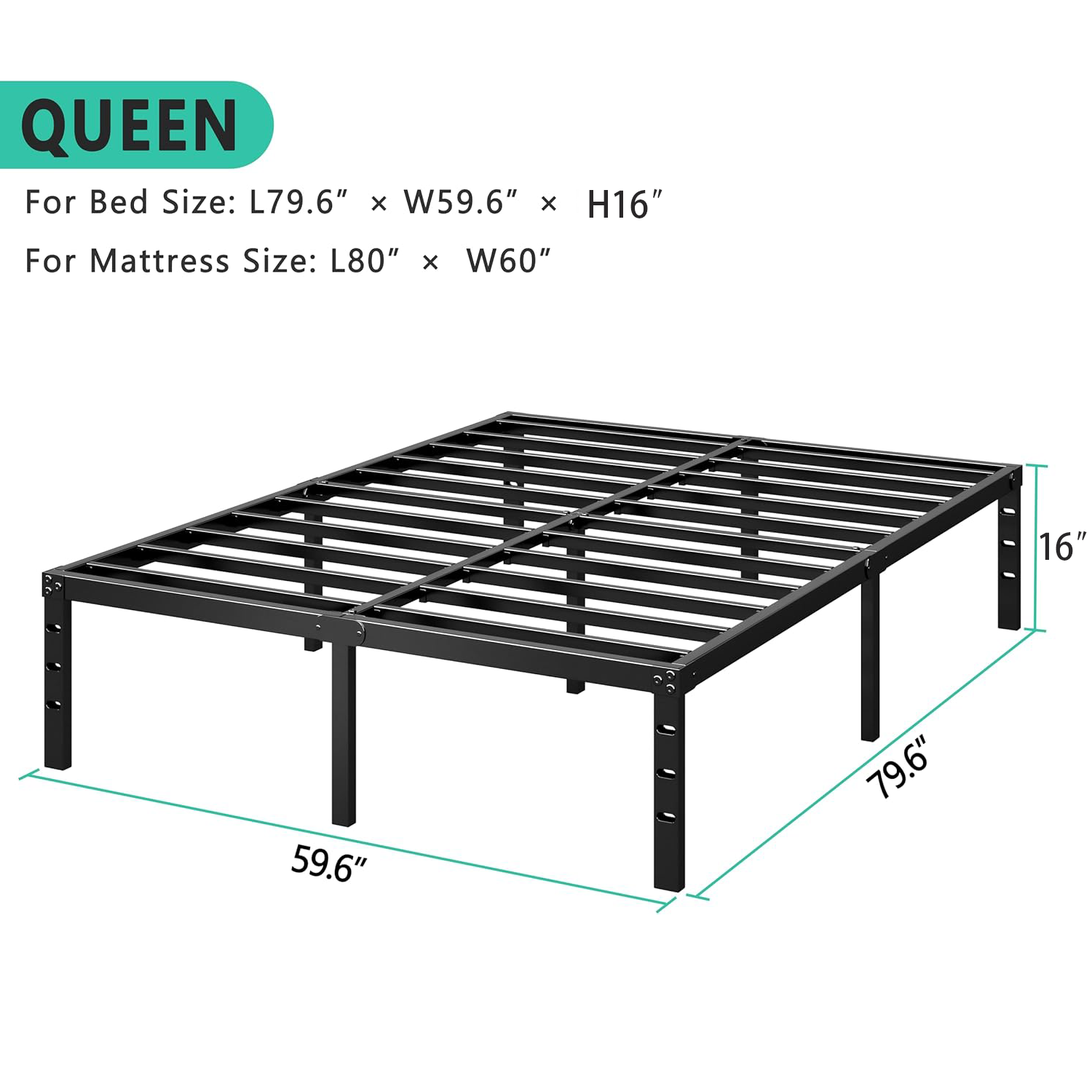 Metal Platform Bed Frame 16 Inch Tall,No Box Spring Needed,4 Size Bed with Heavy Duty Strong Support Slats,Easy to Assemble,Black