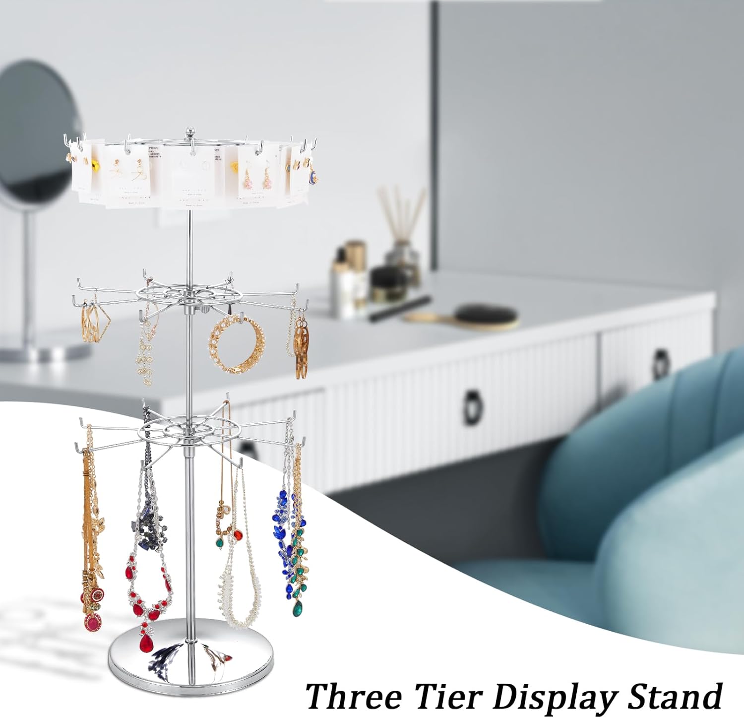 Heavy Duty Adjustable Three Tier Counter Top Spinner Display Stand, Black