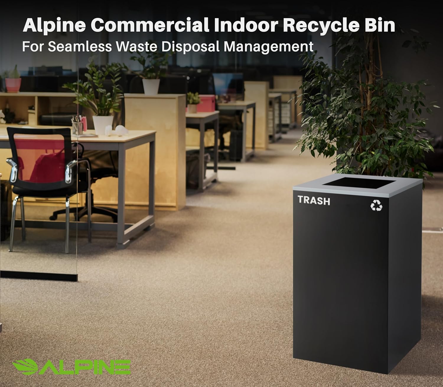 Commercial Indoor Recycle Bin - 29 Gallon Modern Looking Black Recycle Bin, Office Recycling Bins, Metal Trash and Recycling Container with Stickers & 3 Optional Lids (lid Sold Separately)