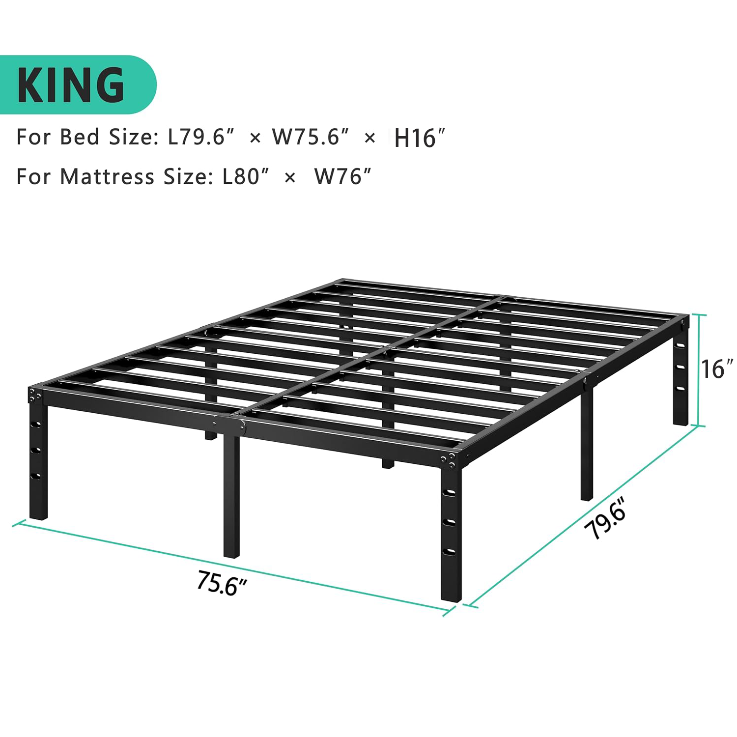 Metal Platform Bed Frame 16 Inch Tall,No Box Spring Needed,4 Size Bed with Heavy Duty Strong Support Slats,Easy to Assemble,Black