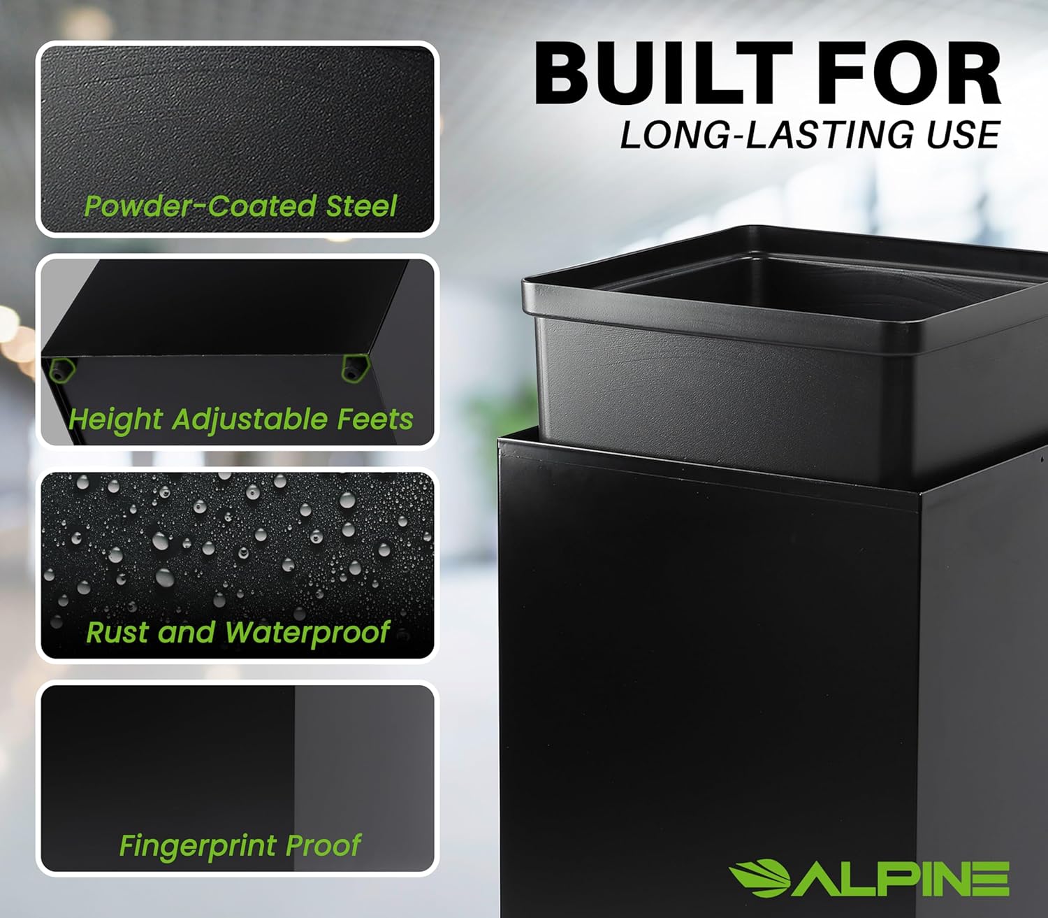 Commercial Indoor Recycle Bin - 29 Gallon Modern Looking Black Recycle Bin, Office Recycling Bins, Metal Trash and Recycling Container with Stickers & 3 Optional Lids (lid Sold Separately)