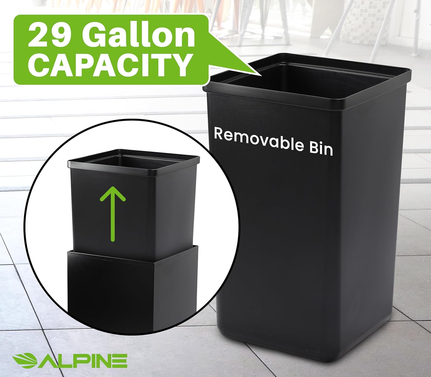 Commercial Indoor Recycle Bin - 29 Gallon Modern Looking Black Recycle Bin, Office Recycling Bins, Metal Trash and Recycling Container with Stickers & 3 Optional Lids (lid Sold Separately)