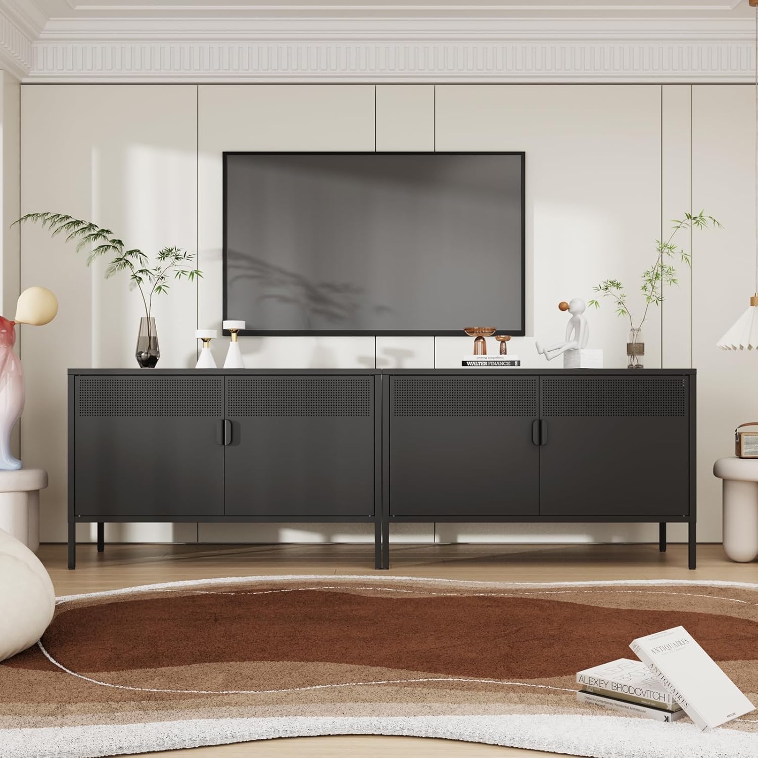 Metal Storage Cabinet,2 Door TV Stand, Metal Mesh Accent Cabinet,Magnetic Door Closure,Low Storage Cabinets with Doors and Shelf for Home,Office,Living Room