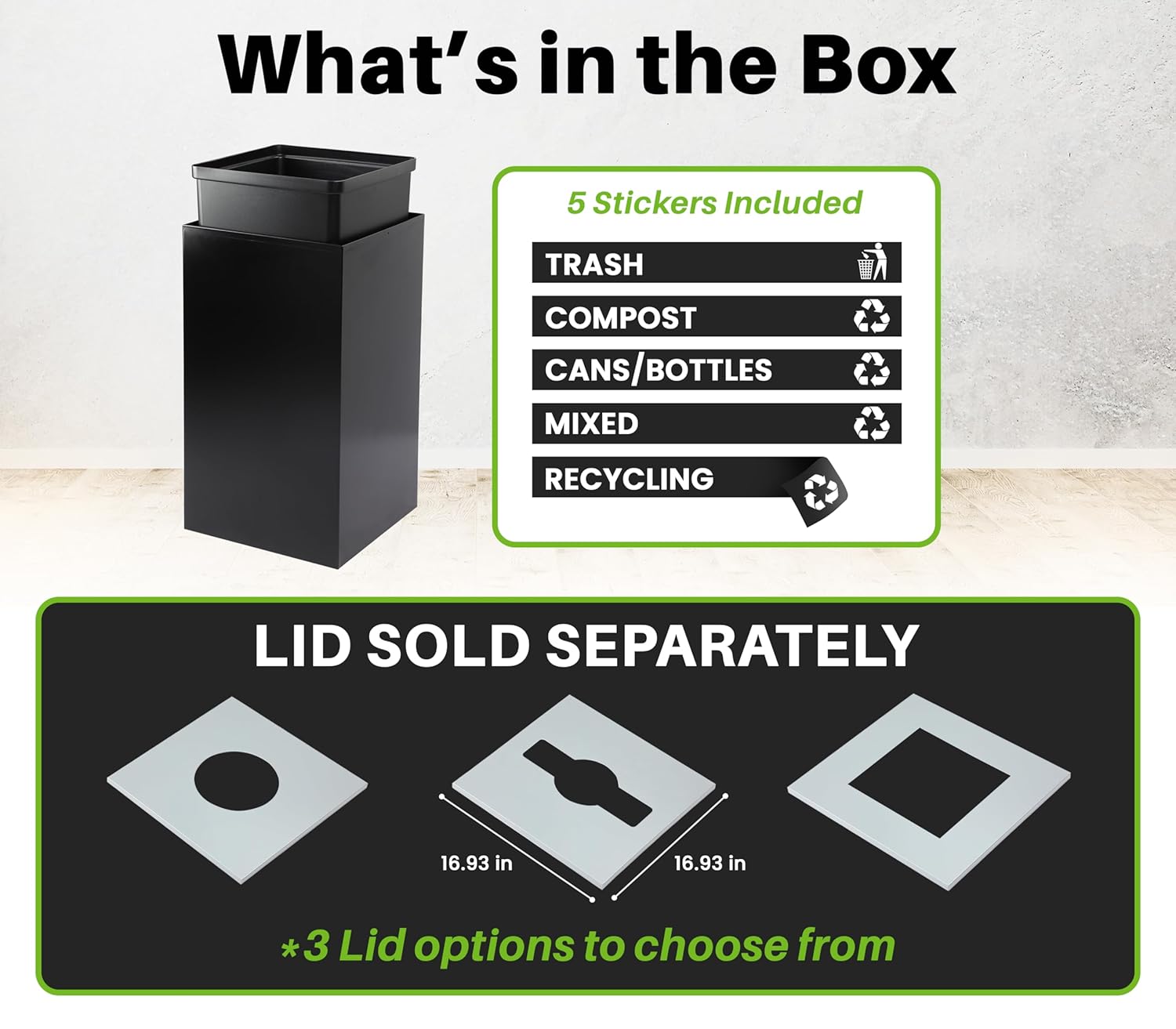 Commercial Indoor Recycle Bin - 29 Gallon Modern Looking Black Recycle Bin, Office Recycling Bins, Metal Trash and Recycling Container with Stickers & 3 Optional Lids (lid Sold Separately)