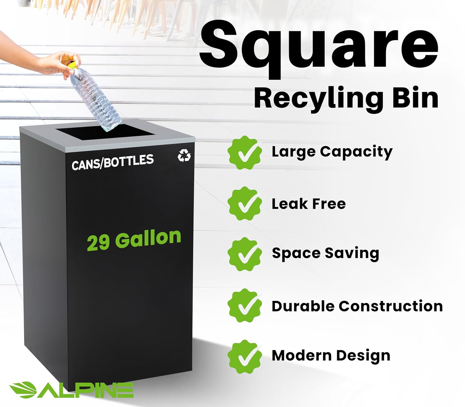 Commercial Indoor Recycle Bin - 29 Gallon Modern Looking Black Recycle Bin, Office Recycling Bins, Metal Trash and Recycling Container with Stickers & 3 Optional Lids (lid Sold Separately)