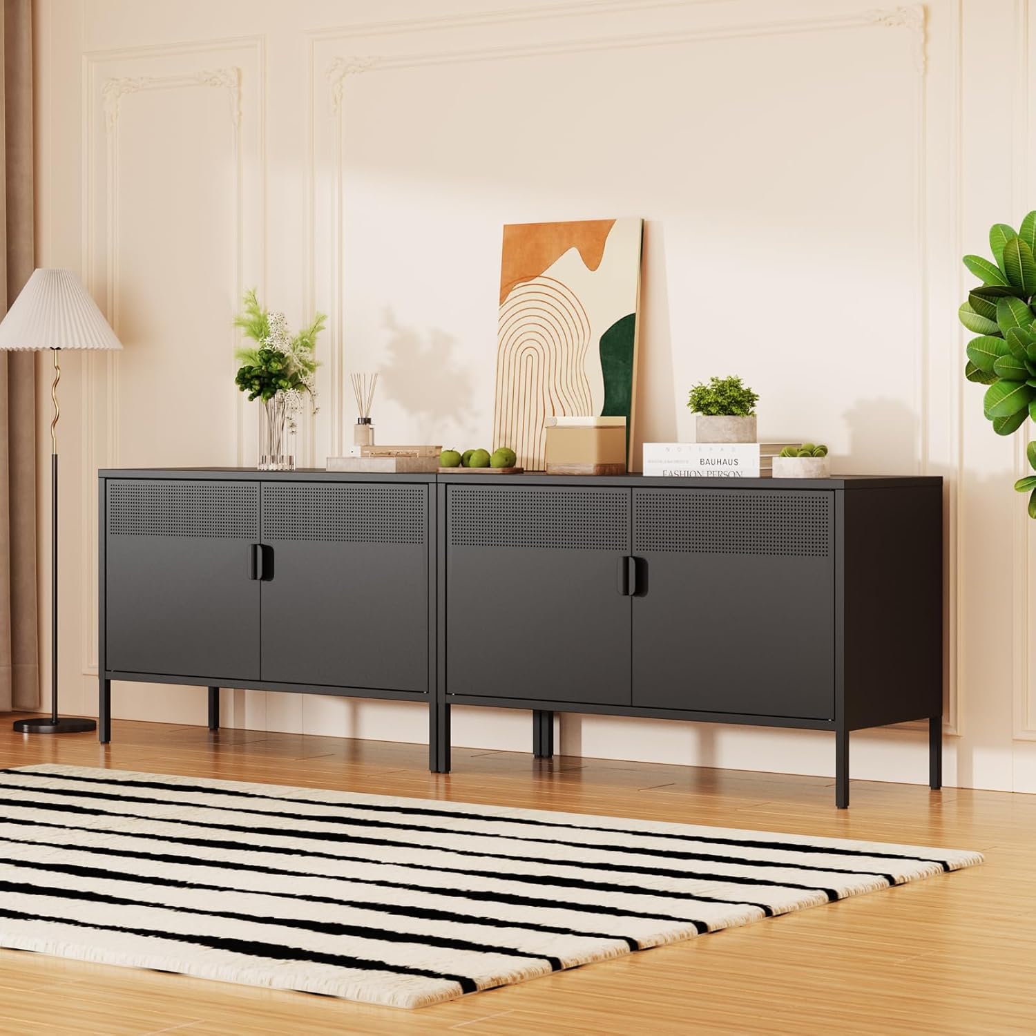 Metal Storage Cabinet,2 Door TV Stand, Metal Mesh Accent Cabinet,Magnetic Door Closure,Low Storage Cabinets with Doors and Shelf for Home,Office,Living Room
