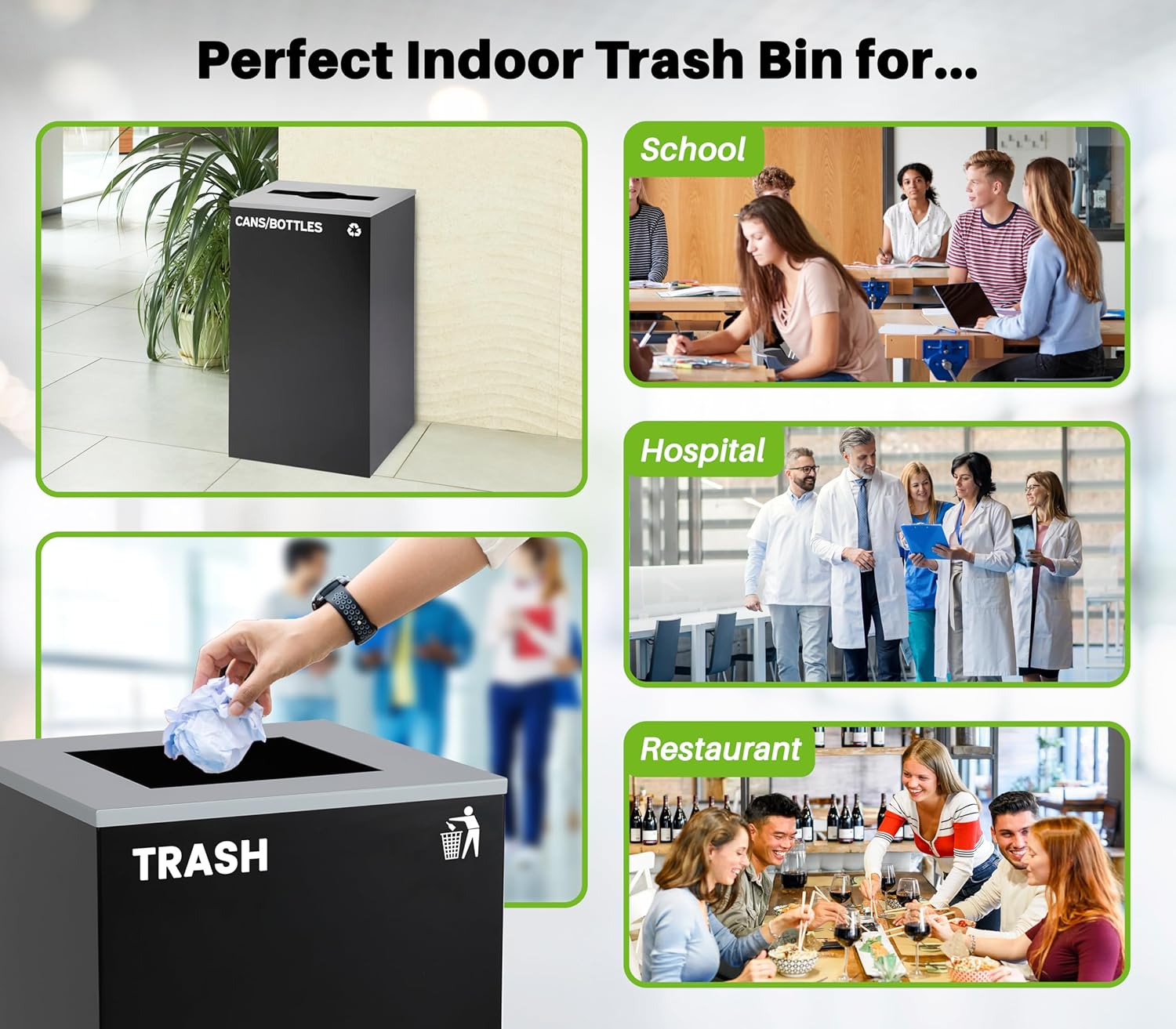 Commercial Indoor Recycle Bin - 29 Gallon Modern Looking Black Recycle Bin, Office Recycling Bins, Metal Trash and Recycling Container with Stickers & 3 Optional Lids (lid Sold Separately)