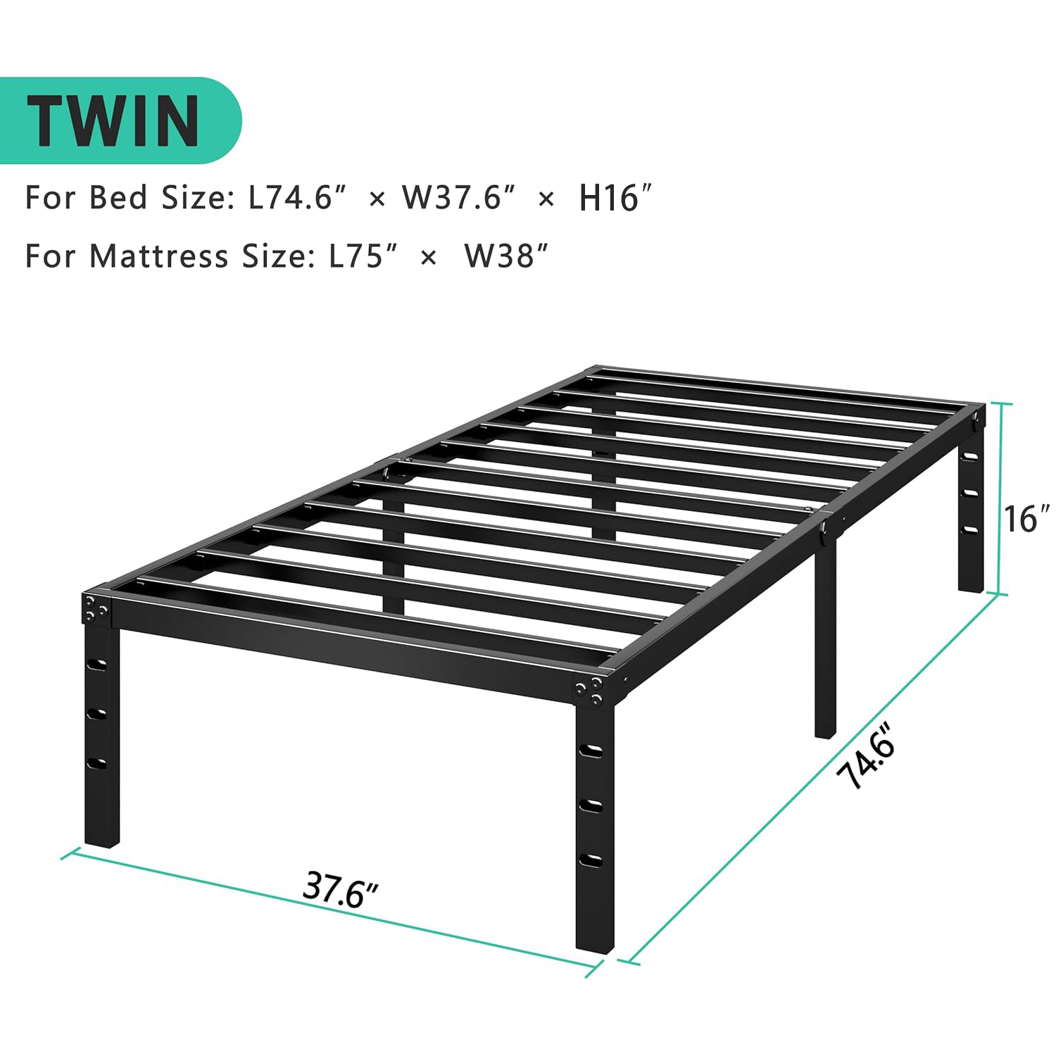 Metal Platform Bed Frame 16 Inch Tall,No Box Spring Needed,4 Size Bed with Heavy Duty Strong Support Slats,Easy to Assemble,Black