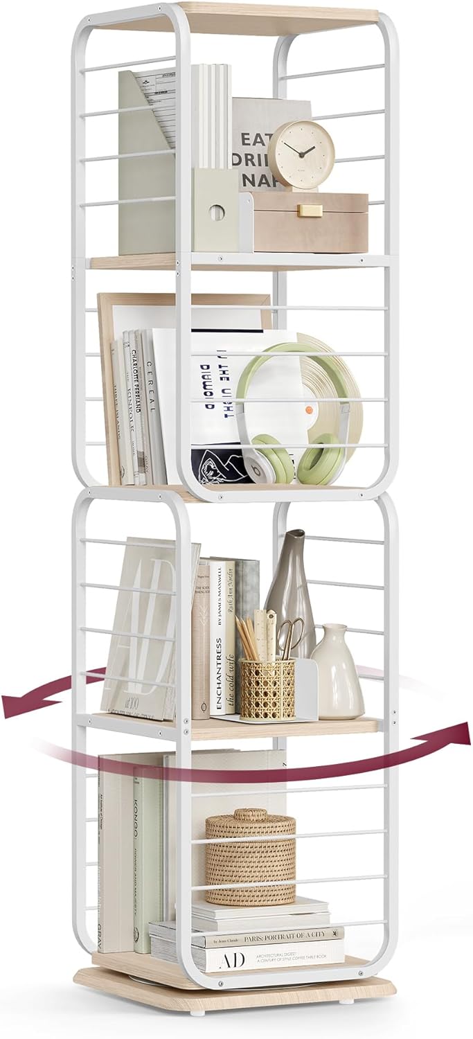 4-Tier Rotating Bookshelf, Bookcase with Bookends for Small Spaces, Corner Shelf, Steel Frame