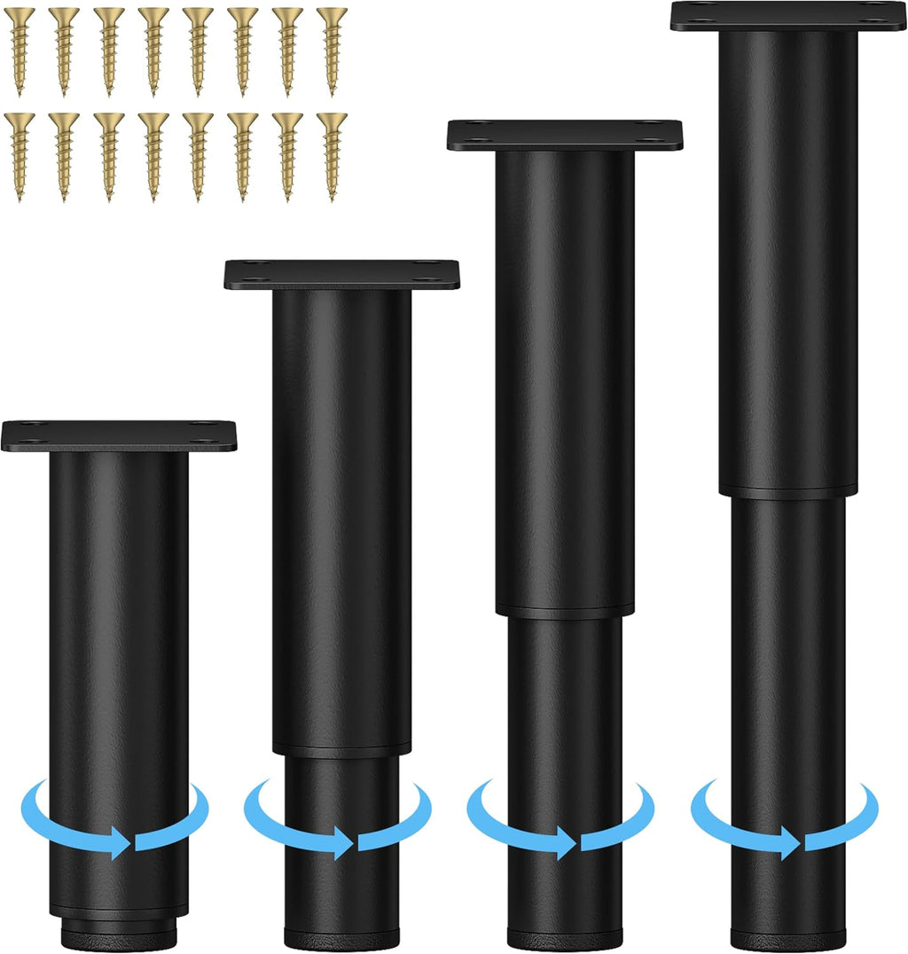 4-Piece Adjustable Height Bed Frame/Slat Center Support Legs, Black Metal Cylindrical Furniture Legs, Heavy Duty, Multi-Purpose for Beds, Cabinets, Sofas, Tables & More