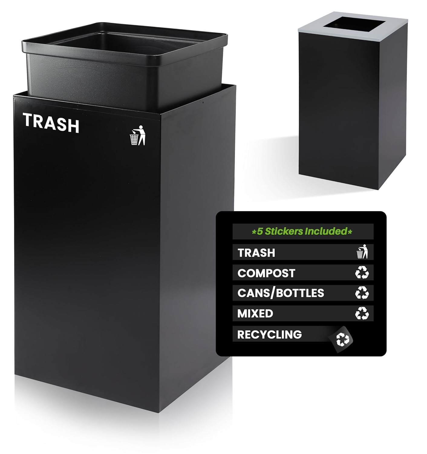 Commercial Indoor Recycle Bin - 29 Gallon Modern Looking Black Recycle Bin, Office Recycling Bins, Metal Trash and Recycling Container with Stickers & 3 Optional Lids (lid Sold Separately)