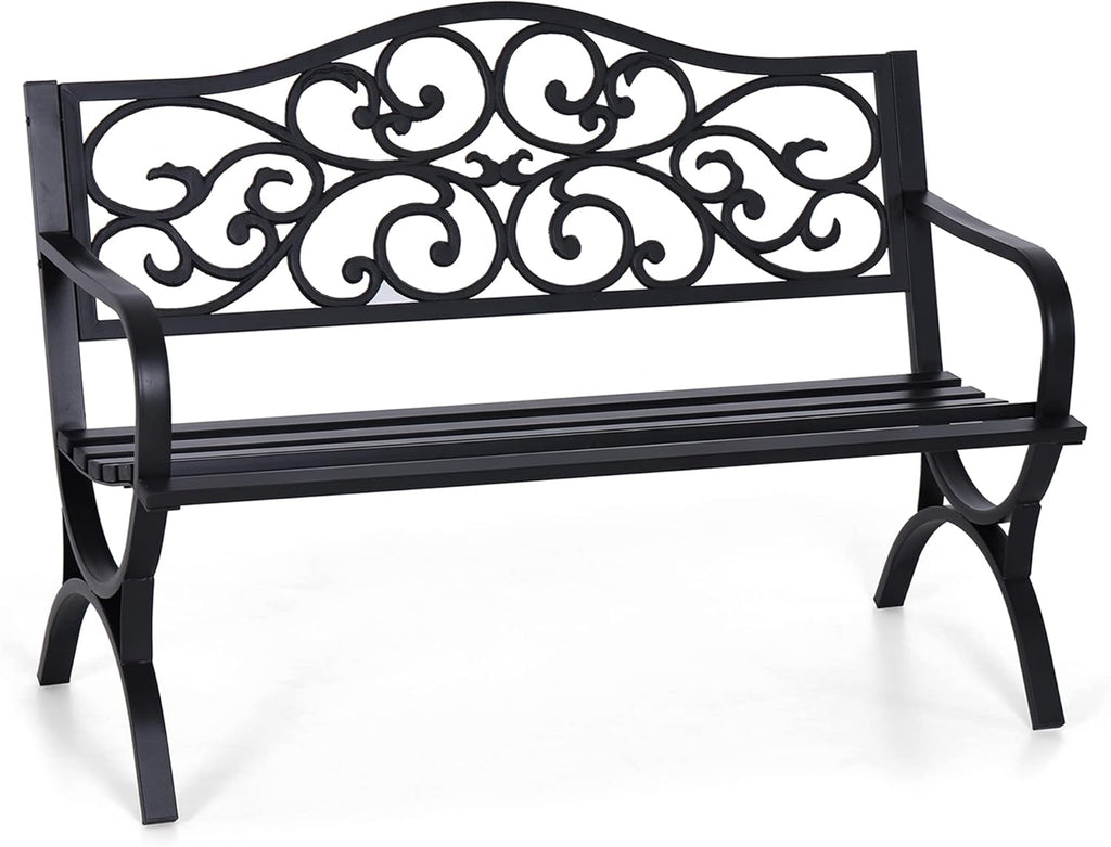 50" Outdoor Garden Bench Patio Park Bench, Cast Iron Metal Frame Furniture with Floral Design Backrest for Porch Yard Lawn Deck, Black