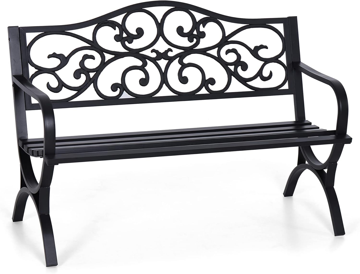 50" Outdoor Garden Bench Patio Park Bench, Cast Iron Metal Frame Furniture with Floral Design Backrest for Porch Yard Lawn Deck, Black