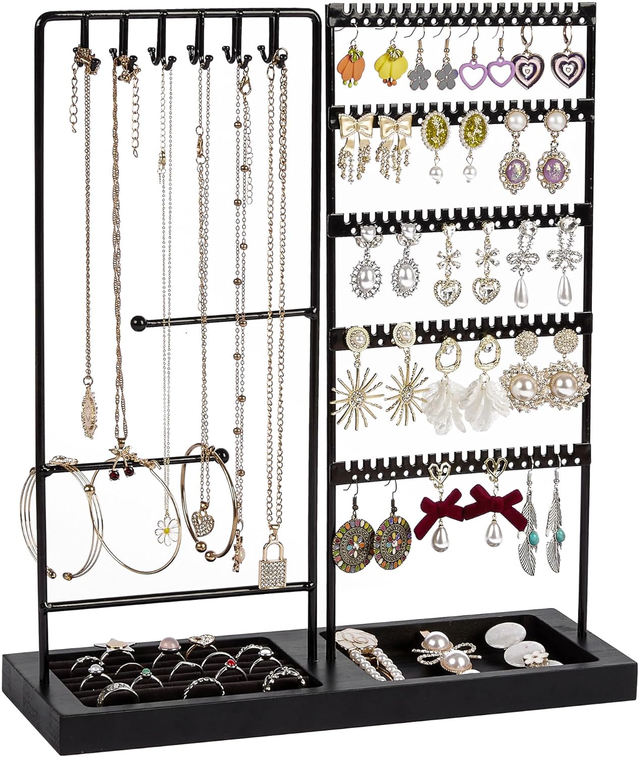 Jewelry Holder Organizer Stand Tree for Earring Necklace Ring Bracelets Display and Storage, with 90 Holes, 12 Hooks, All Black
