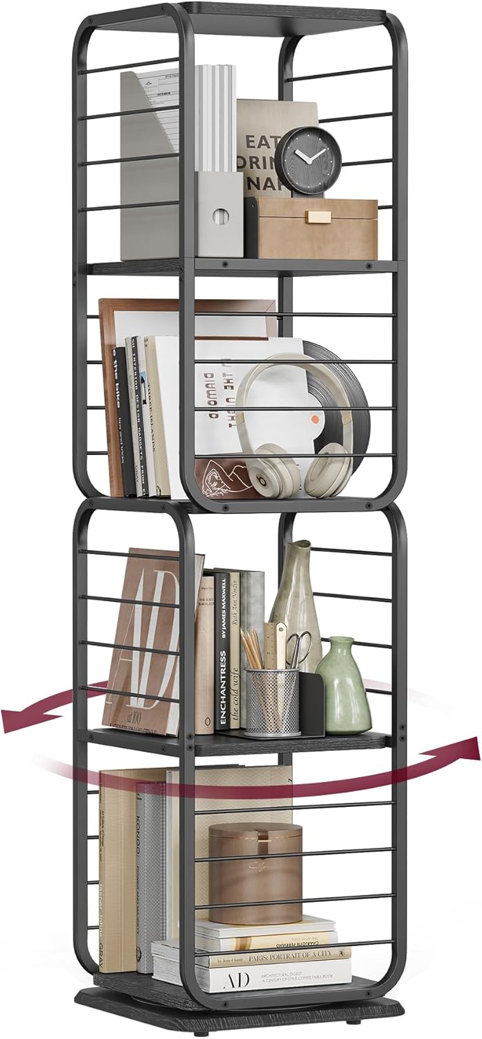 4-Tier Rotating Bookshelf, Bookcase with Bookends for Small Spaces, Corner Shelf, Steel Frame