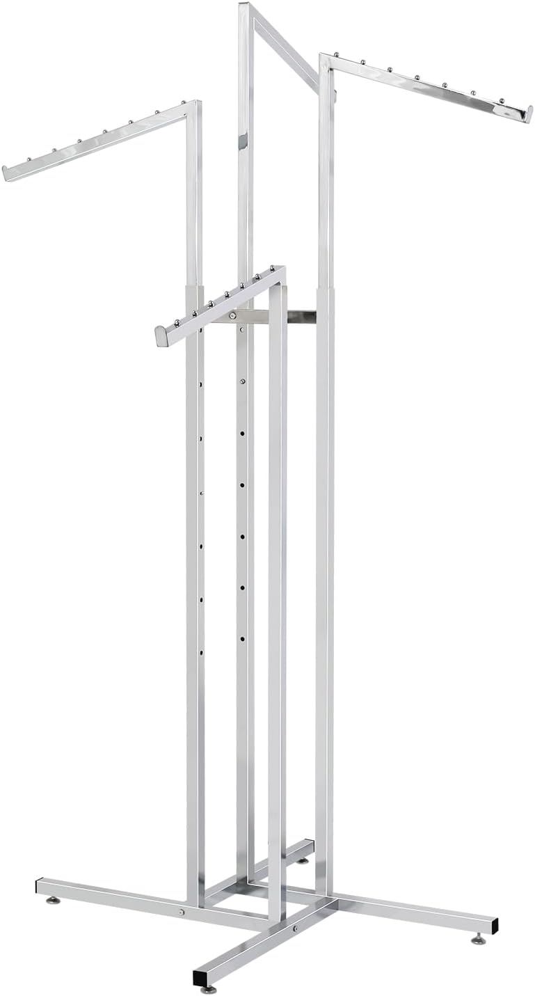Black 4 Way Adjustable Clothing Rack with Slanted Arms - Retail Clothing Rack Display - Adjustable Height Arms from 48" to 72" Perfect for Clothing Stores