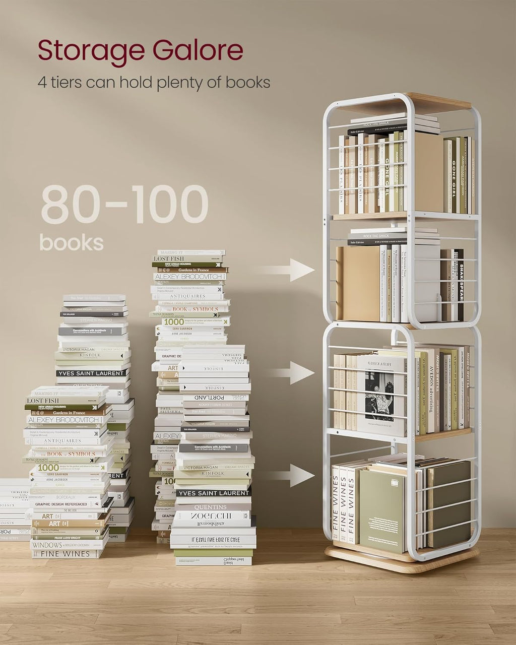4-Tier Rotating Bookshelf, Bookcase with Bookends for Small Spaces, Corner Shelf, Steel Frame