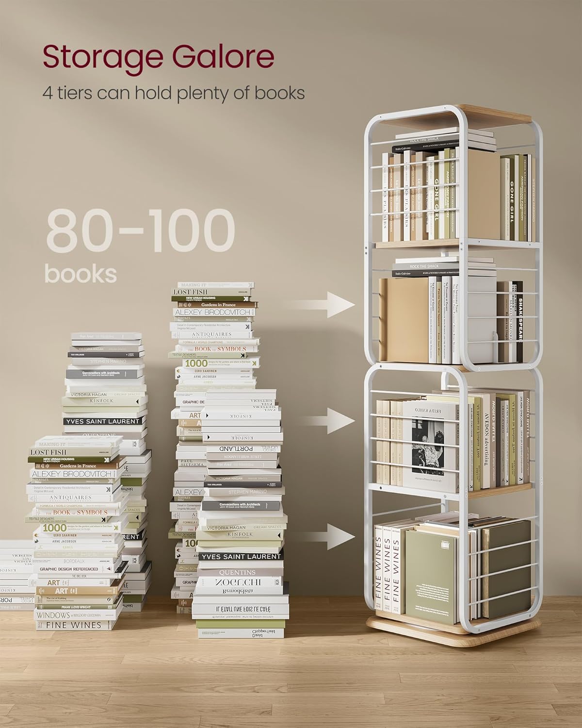 4-Tier Rotating Bookshelf, Bookcase with Bookends for Small Spaces, Corner Shelf, Steel Frame