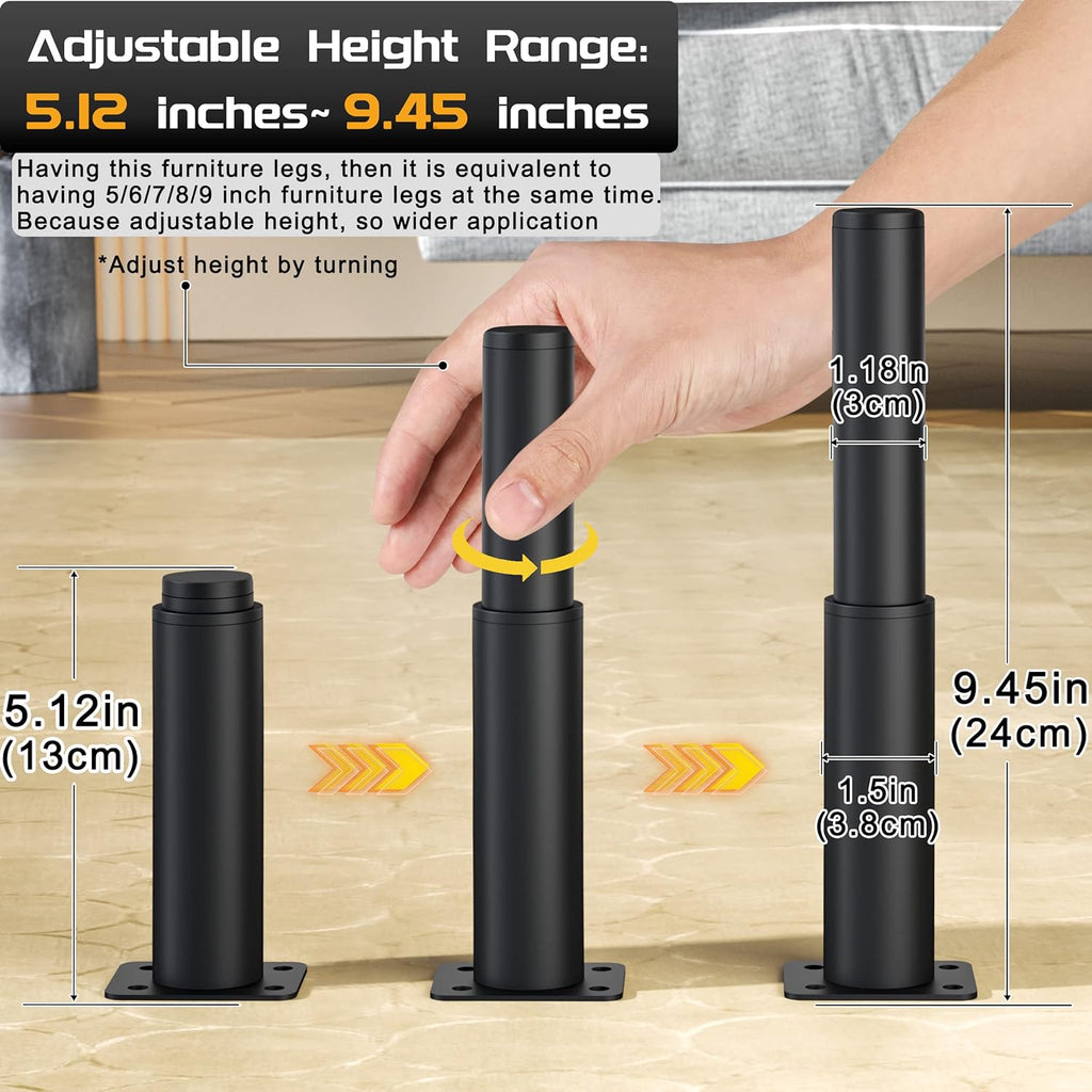 4-Piece Adjustable Height Bed Frame/Slat Center Support Legs, Black Metal Cylindrical Furniture Legs, Heavy Duty, Multi-Purpose for Beds, Cabinets, Sofas, Tables & More
