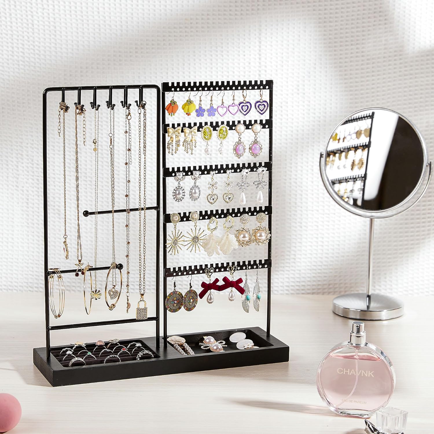 Jewelry Holder Organizer Stand Tree for Earring Necklace Ring Bracelets Display and Storage, with 90 Holes, 12 Hooks, All Black