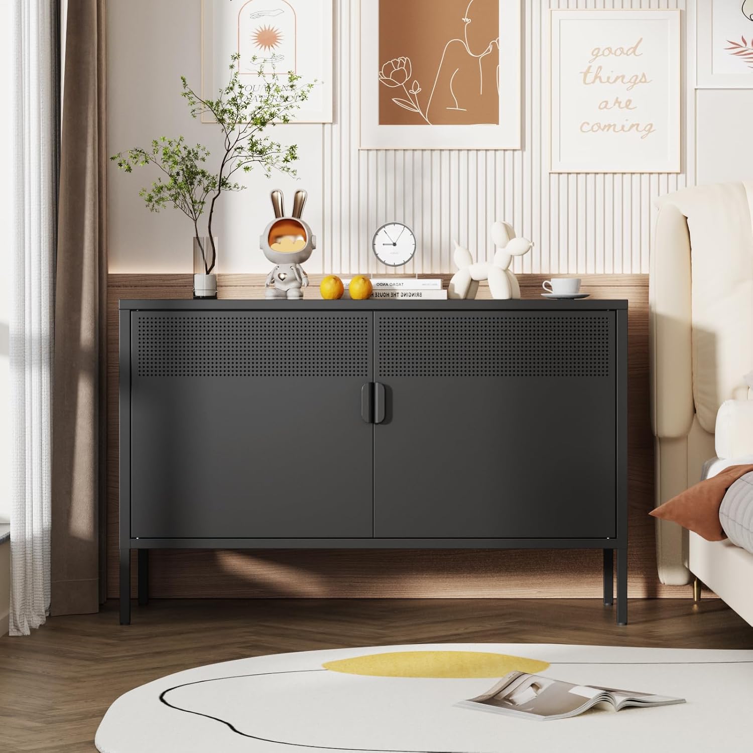 Metal Storage Cabinet,2 Door TV Stand, Metal Mesh Accent Cabinet,Magnetic Door Closure,Low Storage Cabinets with Doors and Shelf for Home,Office,Living Room