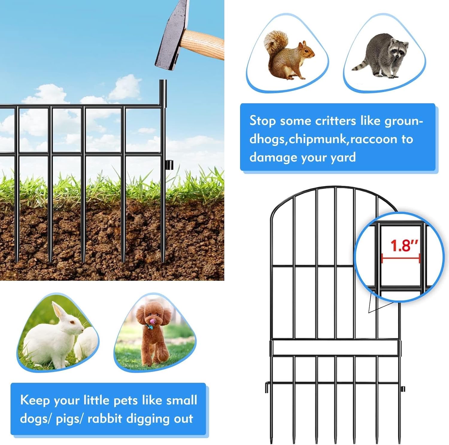Animal Barrier Garden Fence,15 Pack Black 12''L x 25" H no dig Fence, Underground dig Protection for Dog Rabbits Rustproof Metal Wire Panel Border, 15 ft Ground Stakes for Outdoor Patio