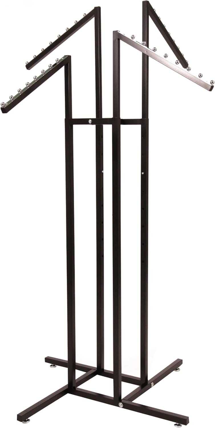Black 4 Way Adjustable Clothing Rack with Slanted Arms - Retail Clothing Rack Display - Adjustable Height Arms from 48" to 72" Perfect for Clothing Stores