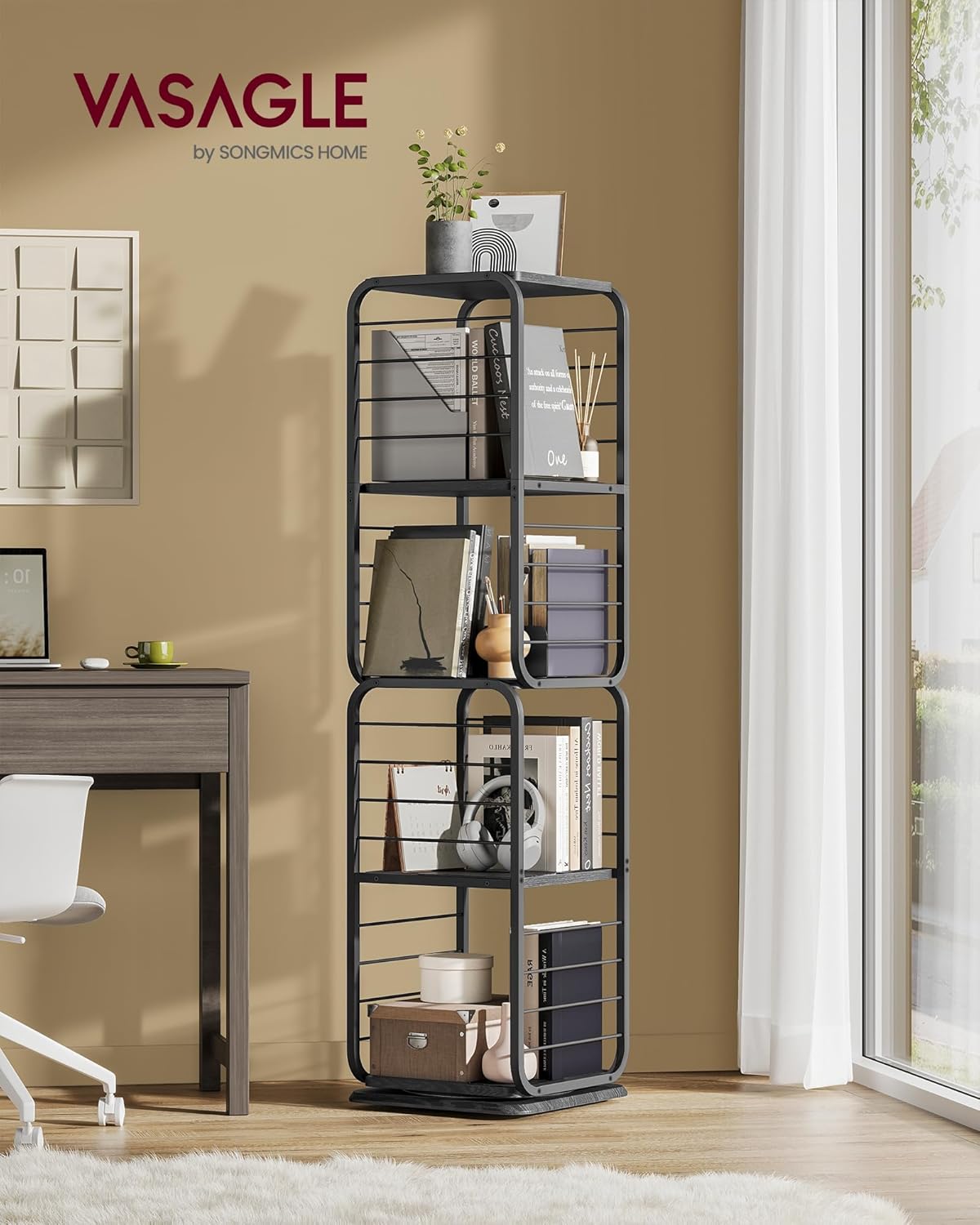 4-Tier Rotating Bookshelf, Bookcase with Bookends for Small Spaces, Corner Shelf, Steel Frame