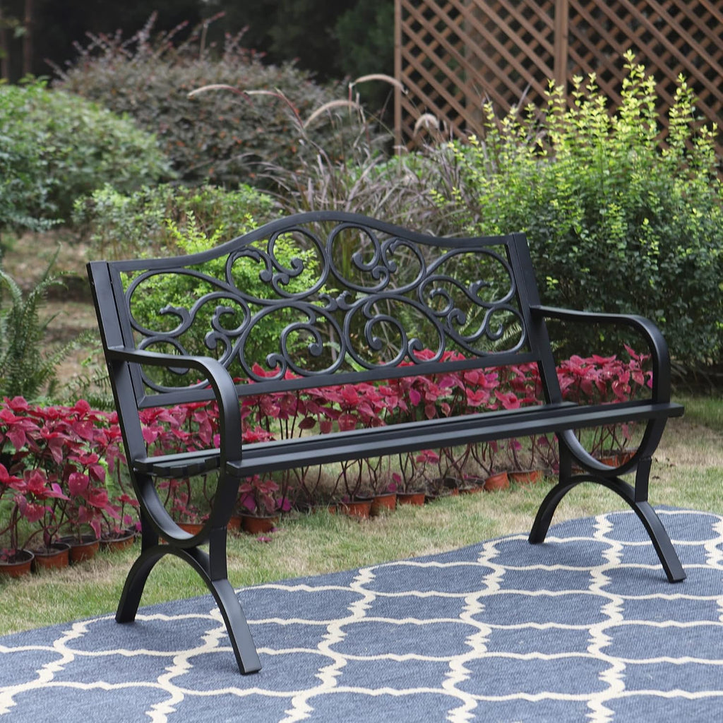 50" Outdoor Garden Bench Patio Park Bench, Cast Iron Metal Frame Furniture with Floral Design Backrest for Porch Yard Lawn Deck, Black