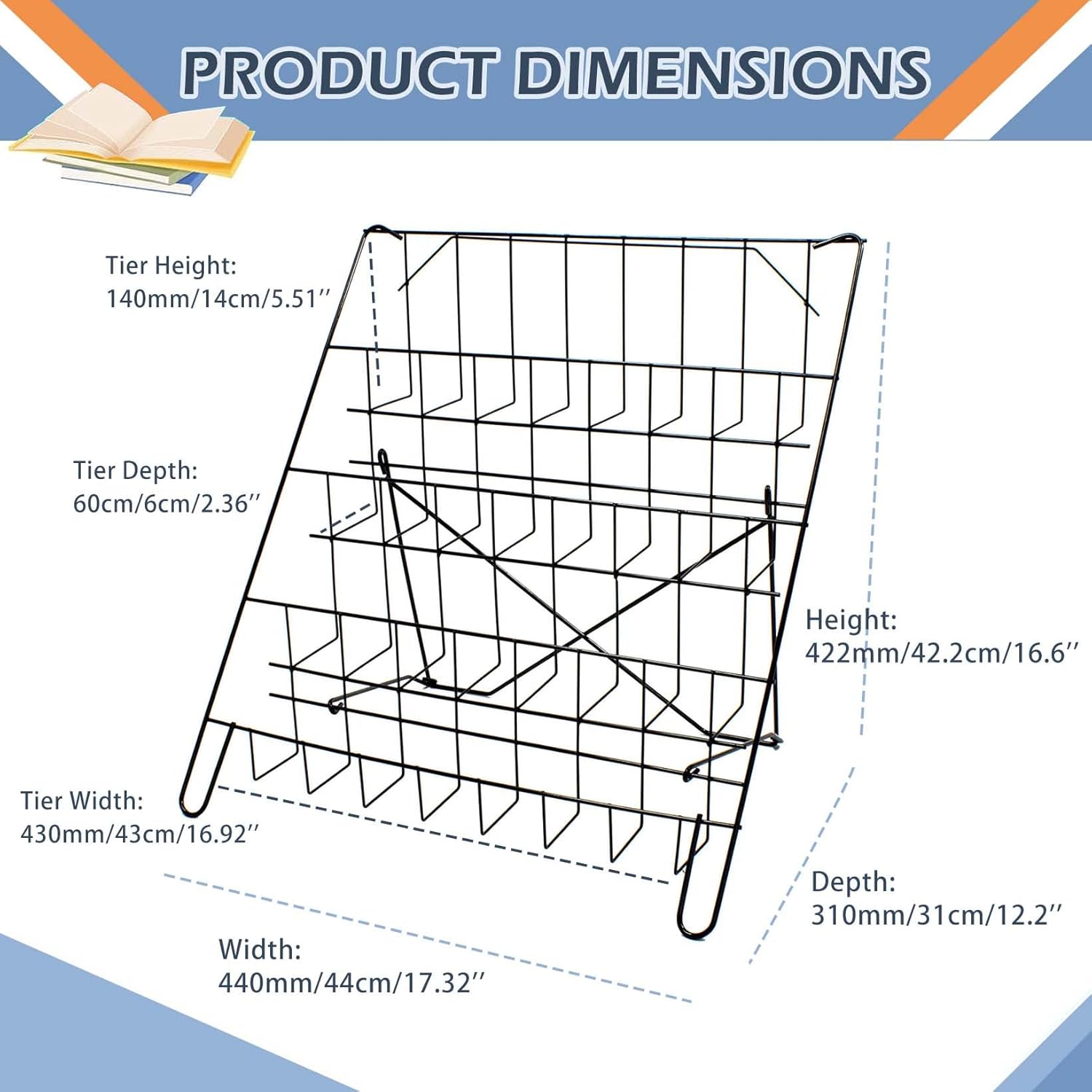 Wire Magazine Rack with 4 Open Tiers Book Signing Rack Tabletop Display Stand Holds Both Magazines and Brochures Display Rack Wire