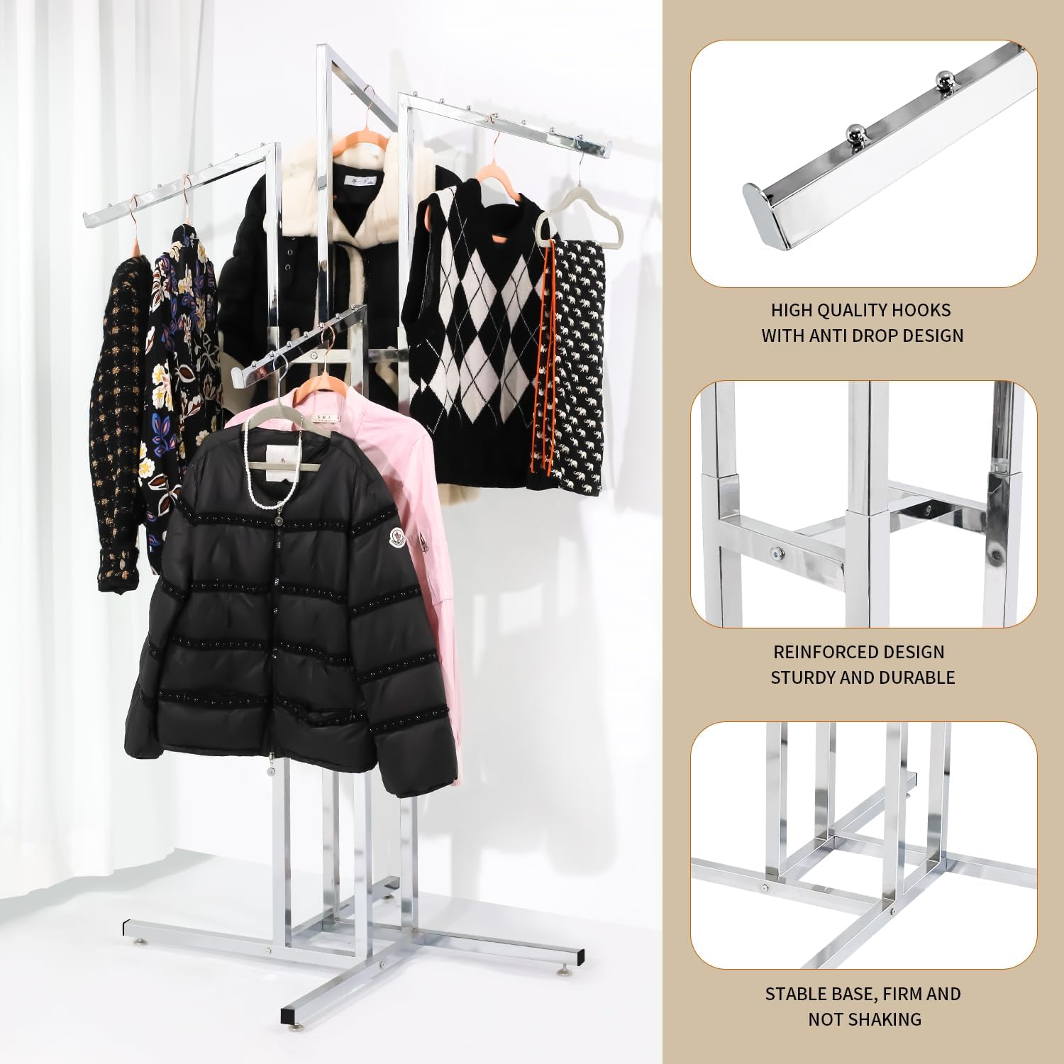 Black 4 Way Adjustable Clothing Rack with Slanted Arms - Retail Clothing Rack Display - Adjustable Height Arms from 48" to 72" Perfect for Clothing Stores