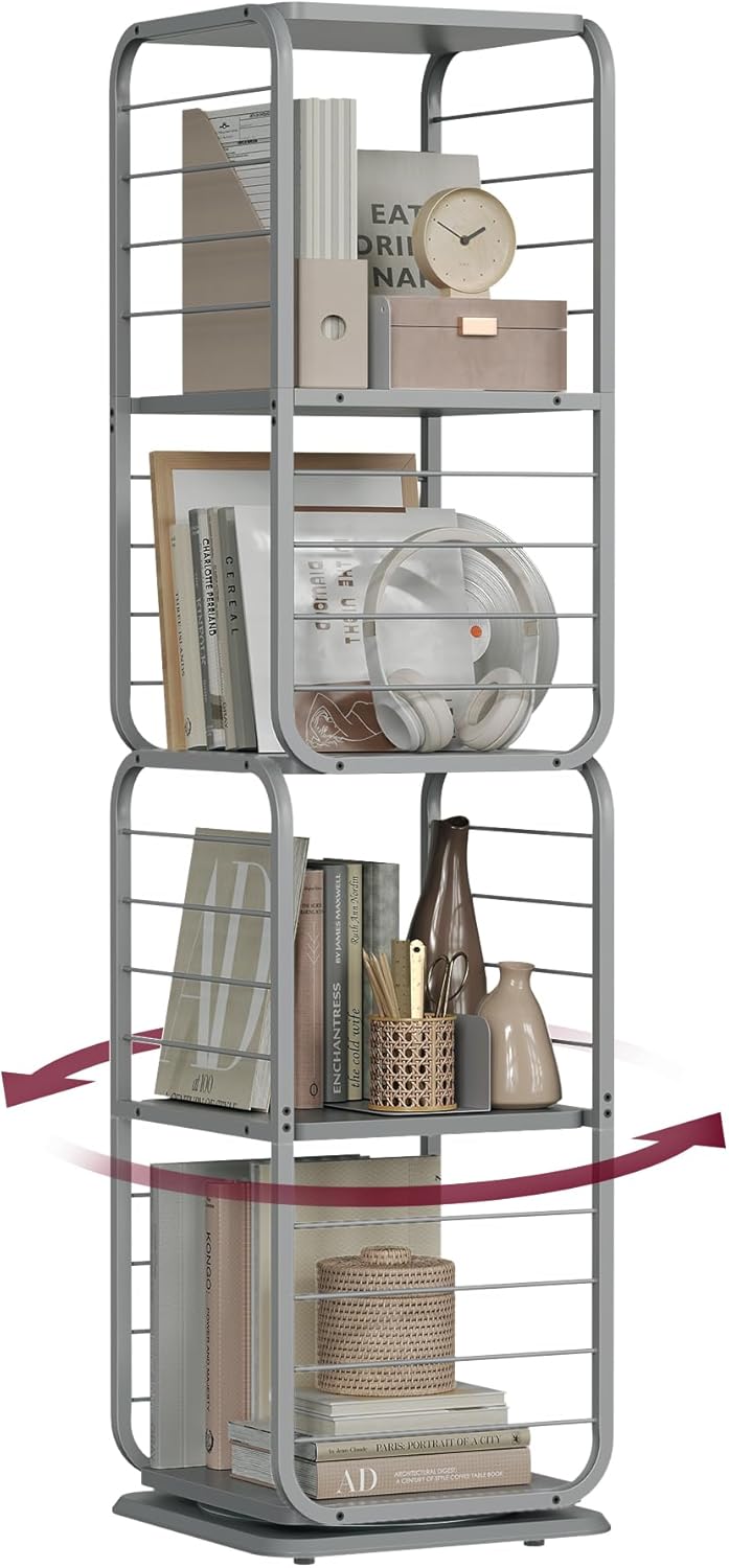 4-Tier Rotating Bookshelf, Bookcase with Bookends for Small Spaces, Corner Shelf, Steel Frame
