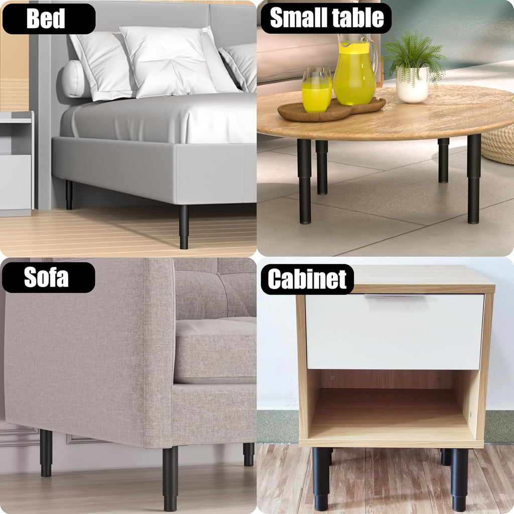 4-Piece Adjustable Height Bed Frame/Slat Center Support Legs, Black Metal Cylindrical Furniture Legs, Heavy Duty, Multi-Purpose for Beds, Cabinets, Sofas, Tables & More