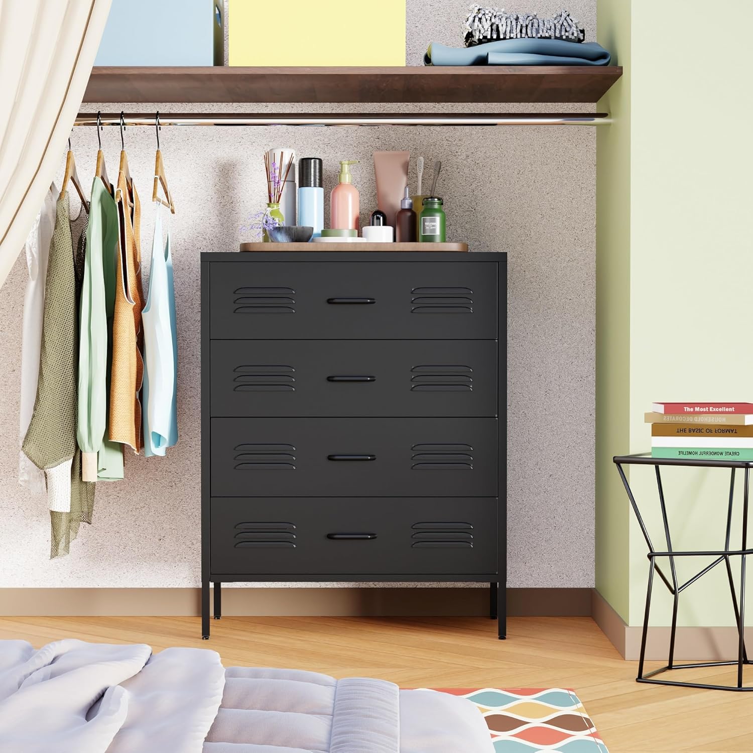 Black Metal 4 Drawer Dresser for Bedroom, Chest of Drawers for Closet, HengyaofengDisplays Black Metal 4 Drawer Dresser for Bedroom, Chest of Drawers for Closet, HengyaofengDisplays