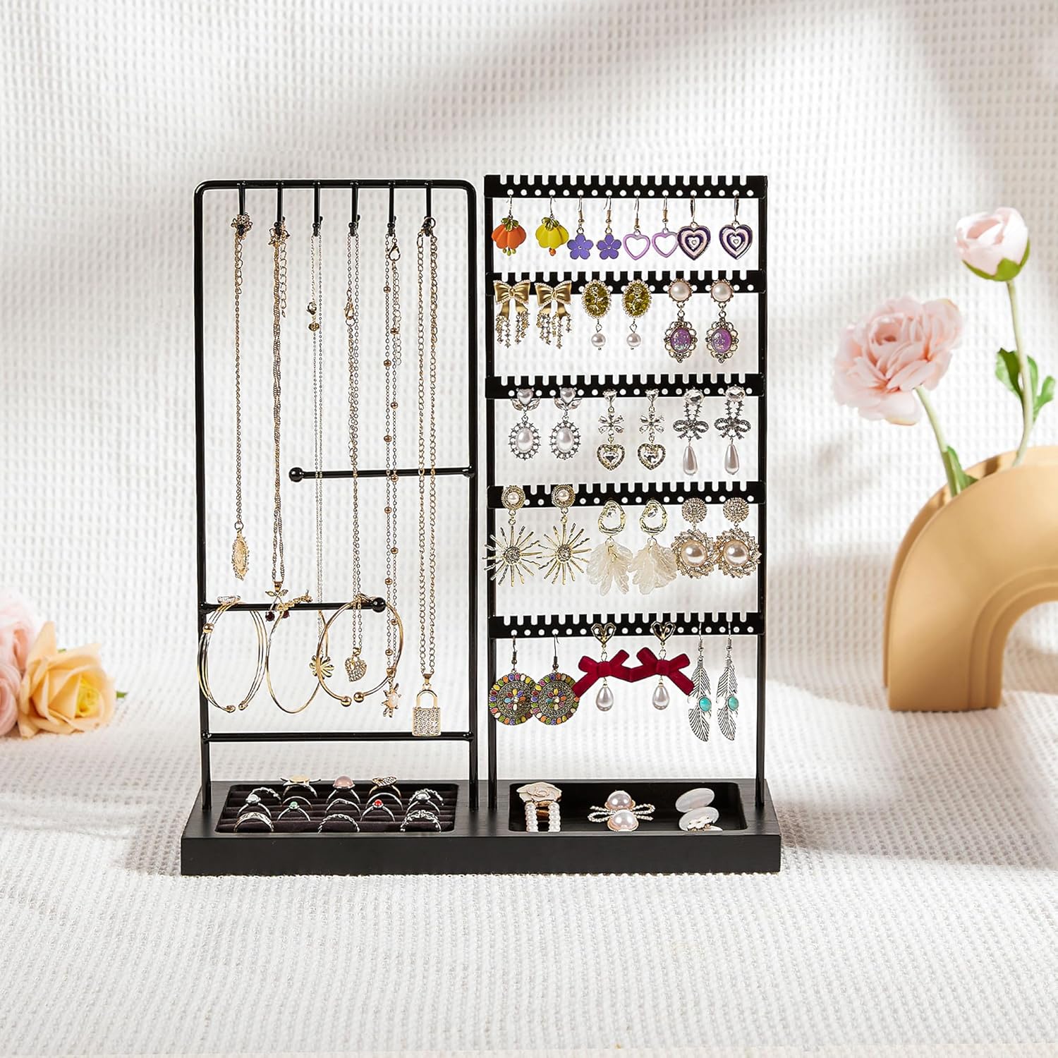Jewelry Holder Organizer Stand Tree for Earring Necklace Ring Bracelets Display and Storage, with 90 Holes, 12 Hooks, All Black