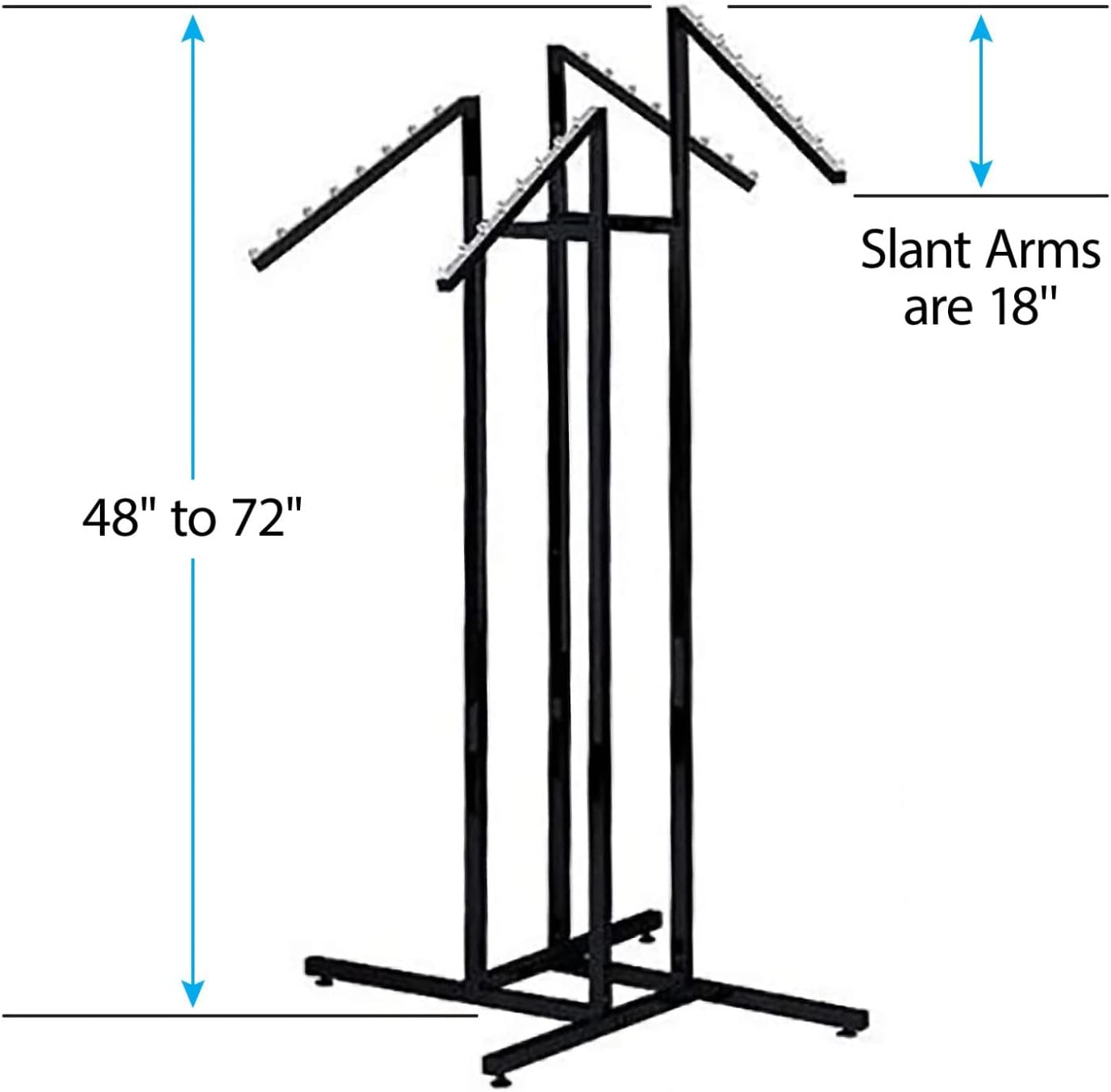 Black 4 Way Adjustable Clothing Rack with Slanted Arms - Retail Clothing Rack Display - Adjustable Height Arms from 48" to 72" Perfect for Clothing Stores