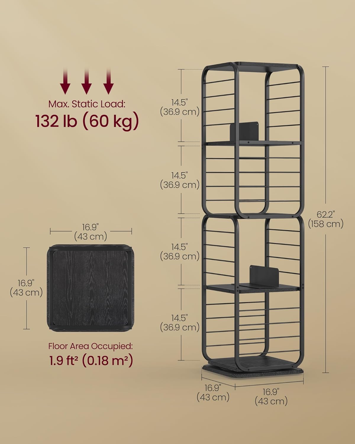 4-Tier Rotating Bookshelf, Bookcase with Bookends for Small Spaces, Corner Shelf, Steel Frame