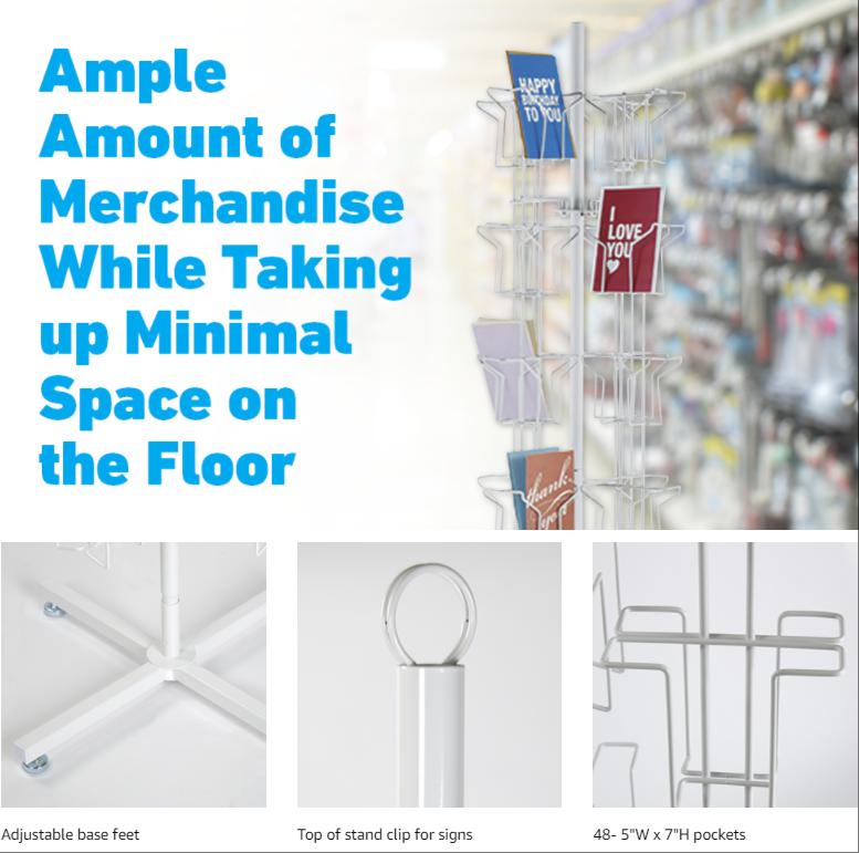 Rotating Greeting Card Rack - 48 Pocket - Overall Dimension: 65”H x 16”D - 48 Pockets Total (Each 5”W x 7”H x 1 5/8”D) - Perfect for Thrift, Retail, Grocery, and Convenience