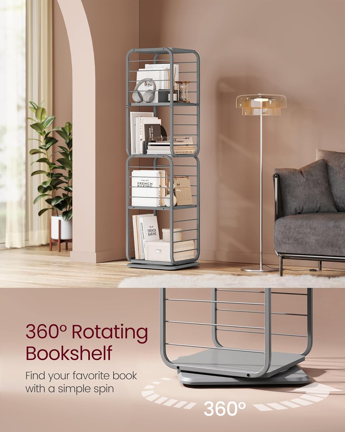 4-Tier Rotating Bookshelf, Bookcase with Bookends for Small Spaces, Corner Shelf, Steel Frame
