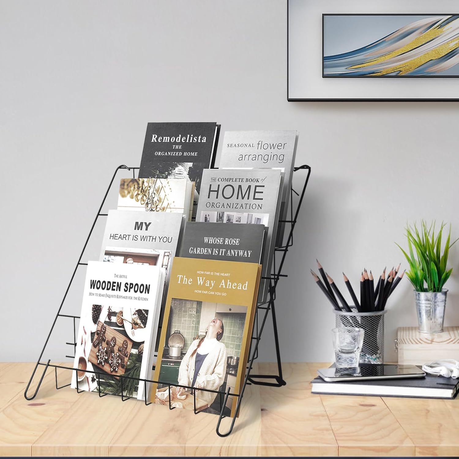 Wire Magazine Rack with 4 Open Tiers Book Signing Rack Tabletop Display Stand Holds Both Magazines and Brochures Display Rack Wire