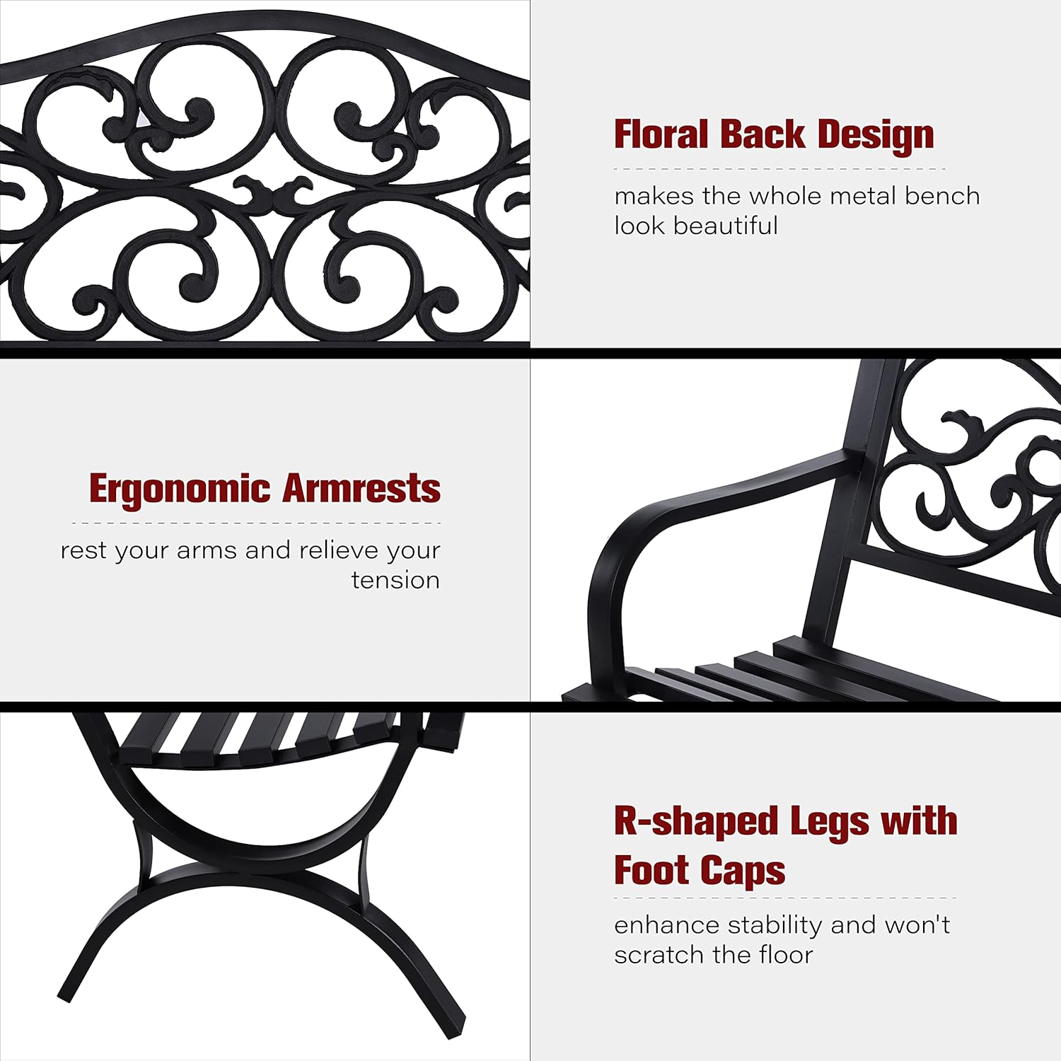 50" Outdoor Garden Bench Patio Park Bench, Cast Iron Metal Frame Furniture with Floral Design Backrest for Porch Yard Lawn Deck, Black