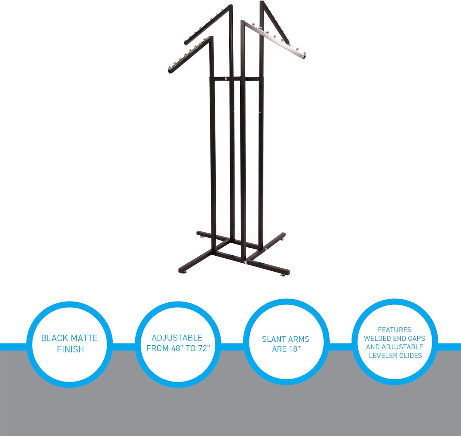 Black 4 Way Adjustable Clothing Rack with Slanted Arms - Retail Clothing Rack Display - Adjustable Height Arms from 48" to 72" Perfect for Clothing Stores