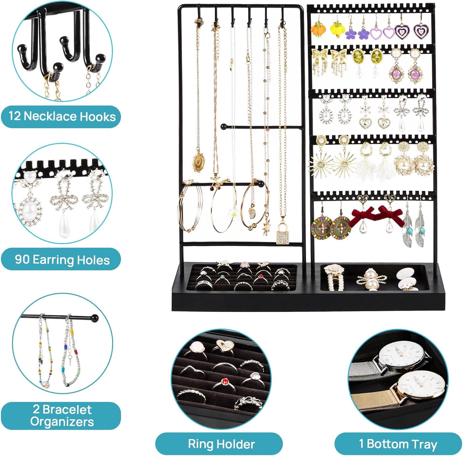 Jewelry Holder Organizer Stand Tree for Earring Necklace Ring Bracelets Display and Storage, with 90 Holes, 12 Hooks, All Black