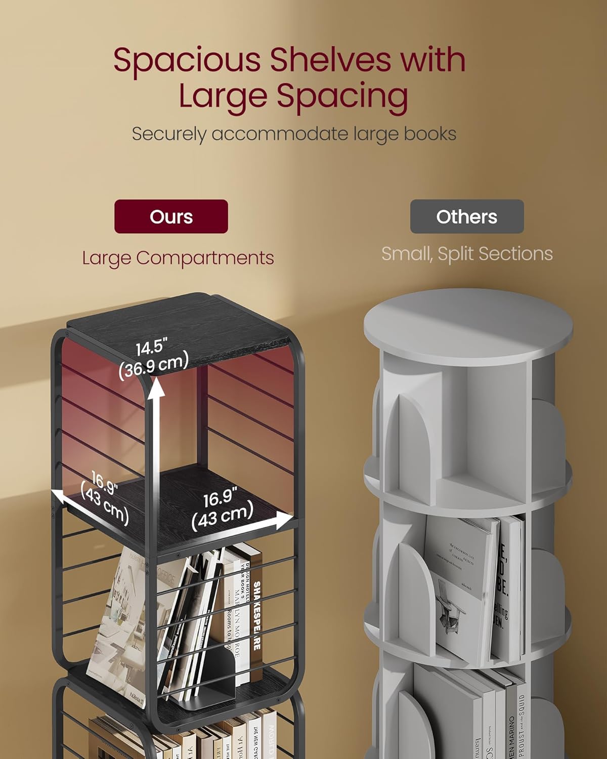 4-Tier Rotating Bookshelf, Bookcase with Bookends for Small Spaces, Corner Shelf, Steel Frame