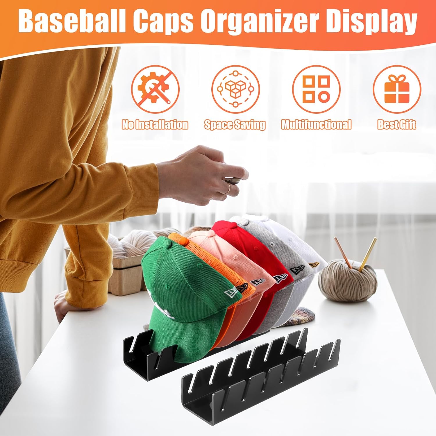 Hat Stand for Baseball Caps, 2 Pack No Install Acrylic Hat Organizer for 14 Baseball Caps Storage Organizer, Hat Racks Hat Holder Display and Organization for Closet, Bedroom, Dresser