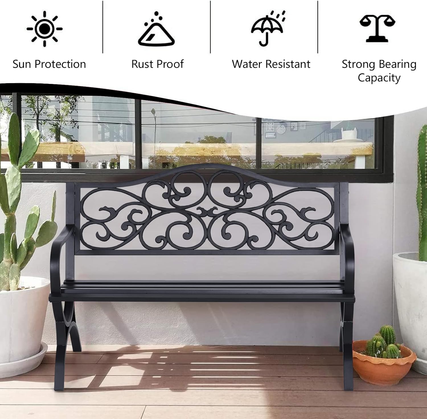 50" Outdoor Garden Bench Patio Park Bench, Cast Iron Metal Frame Furniture with Floral Design Backrest for Porch Yard Lawn Deck, Black