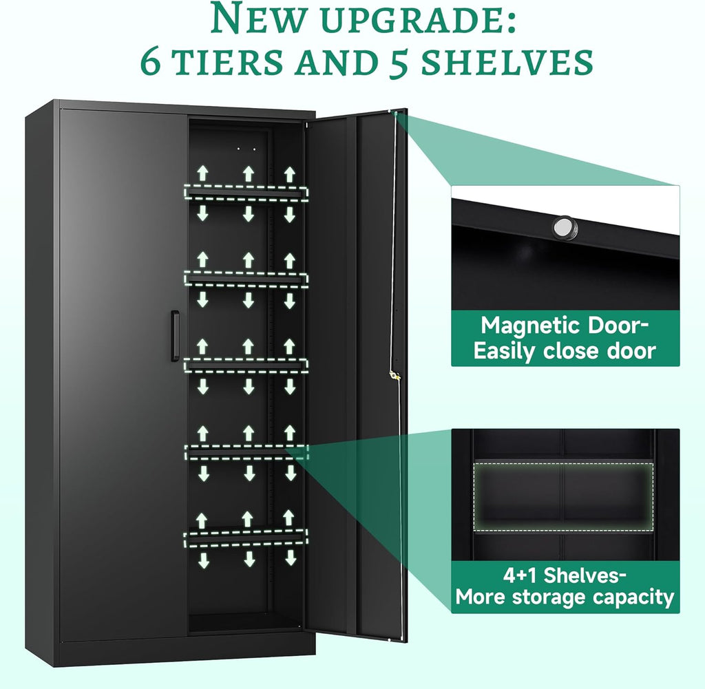 Metal Storage Cabinets with Lock Doors,Tall Locker Organizer Steel Garage Cabinets, 5 Adjustable Layers Shelves for Home, Office, Warehouse,Tool,Industrial
