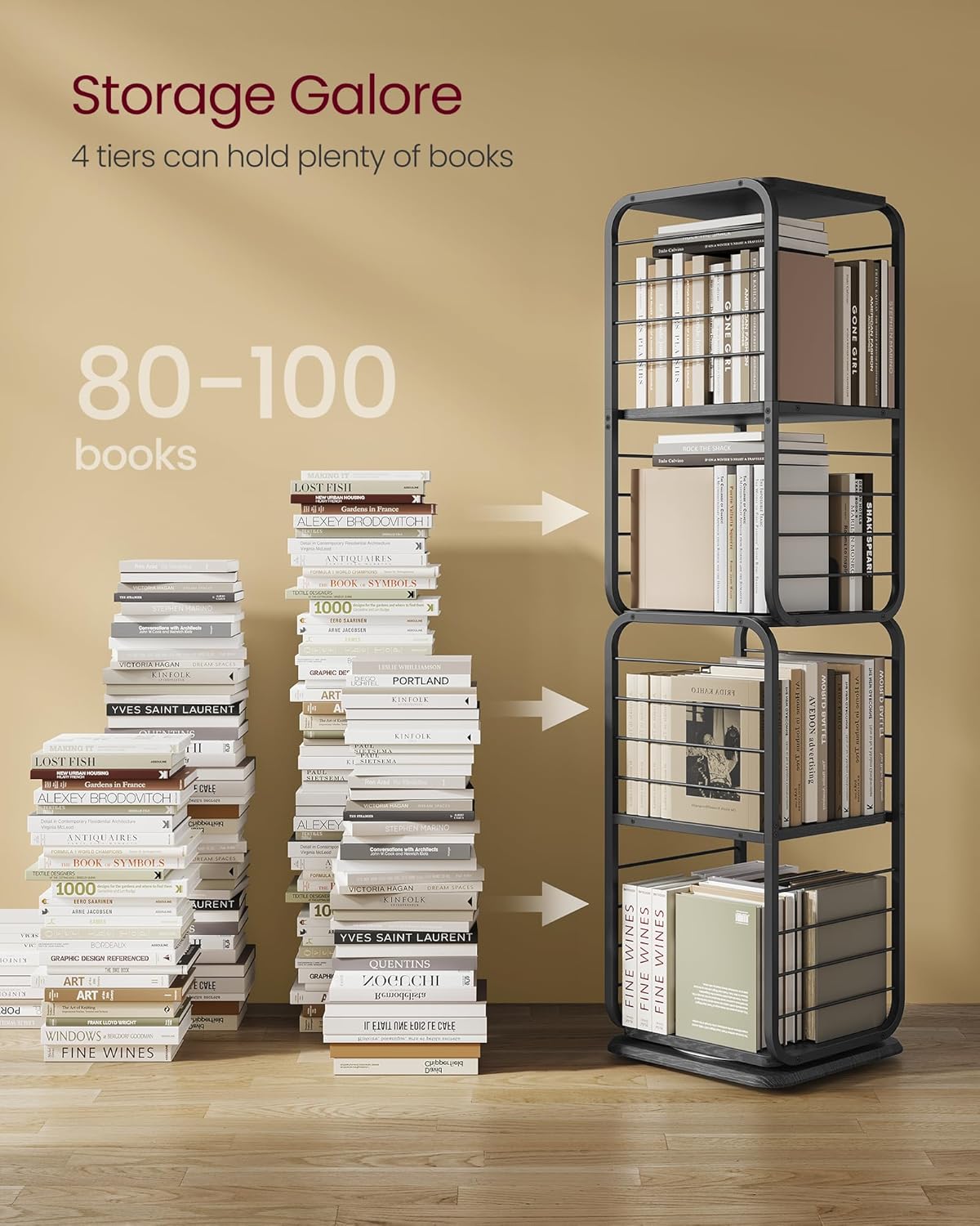 4-Tier Rotating Bookshelf, Bookcase with Bookends for Small Spaces, Corner Shelf, Steel Frame